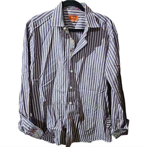 TALLIA Blue Striped Paisley Long Sleeve Button Down Shirt - Size Large - Picture 1 of 7